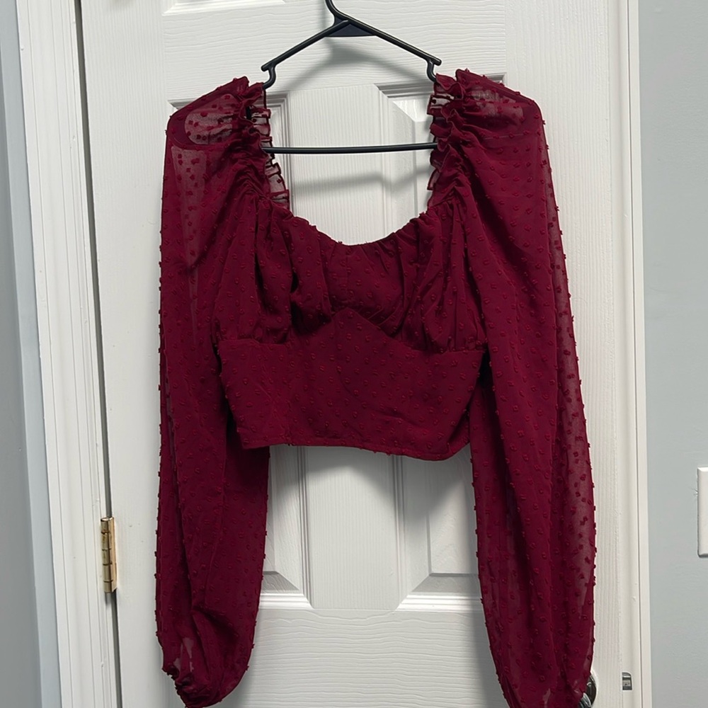 Burgundy sheer sleeve crop top
